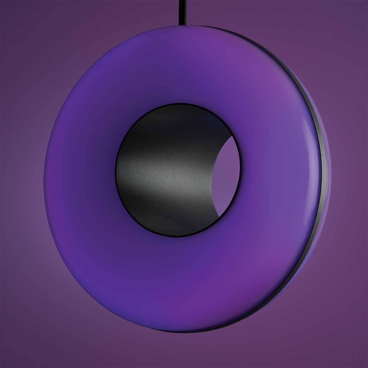 Unique RGB globe pendant light shown with purple light output. 