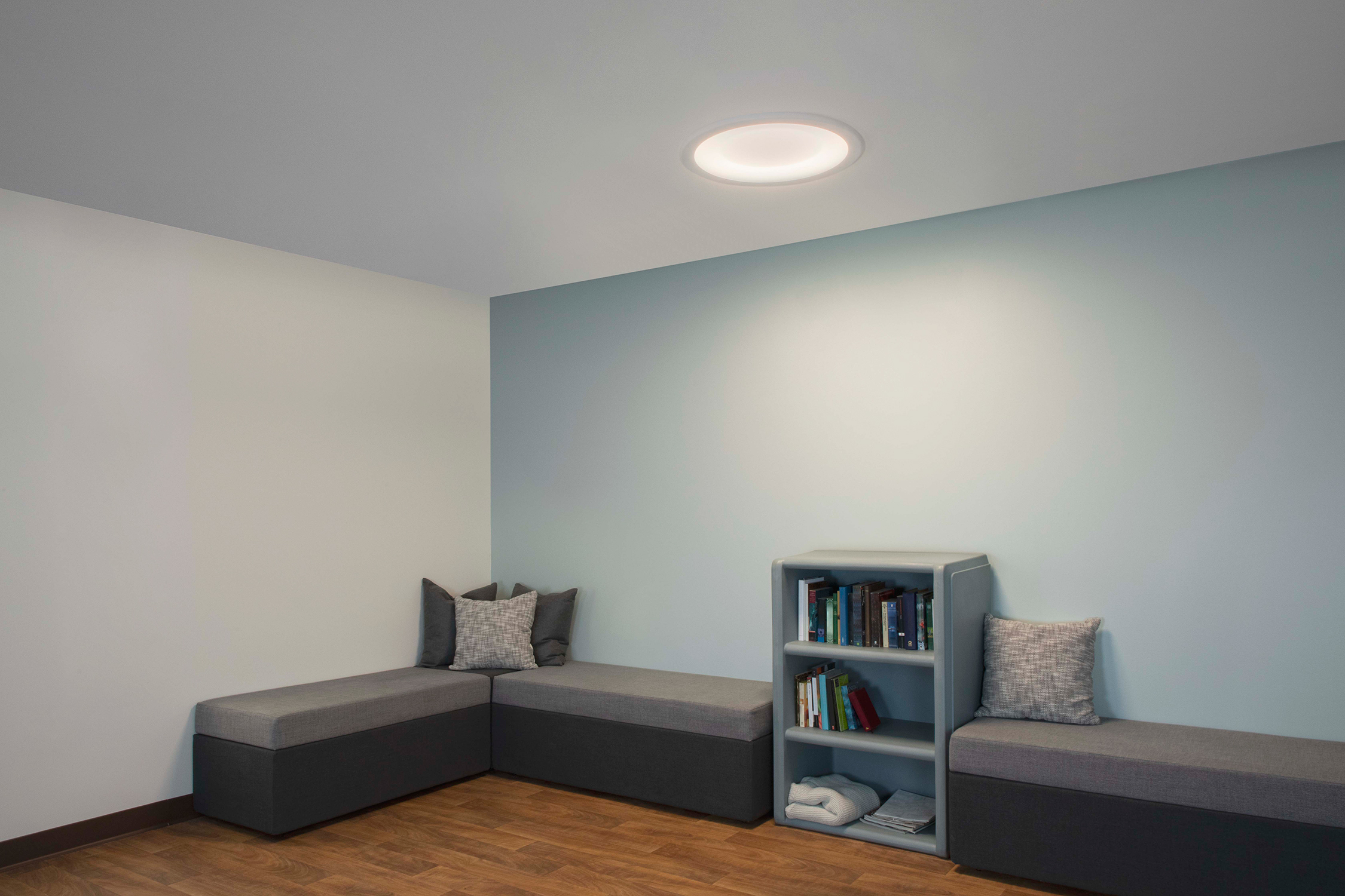 Symmetry ceiling luminaire in a behavioral health lounge area