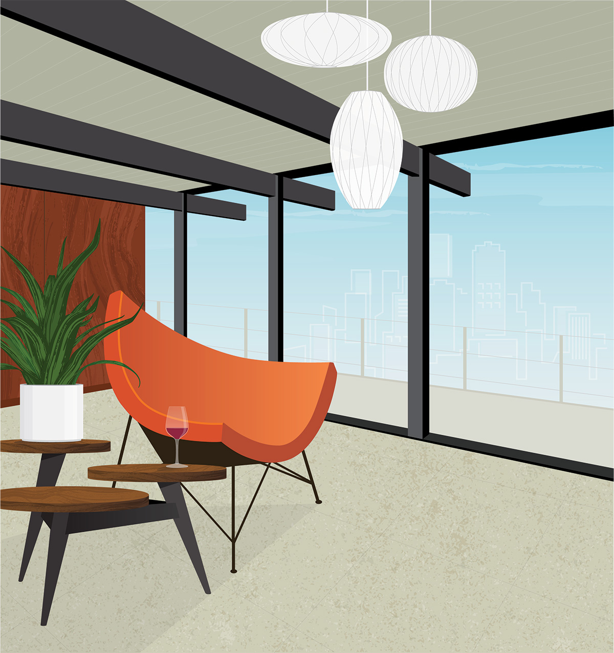 mid-century modern illustration with chair and pendant lights