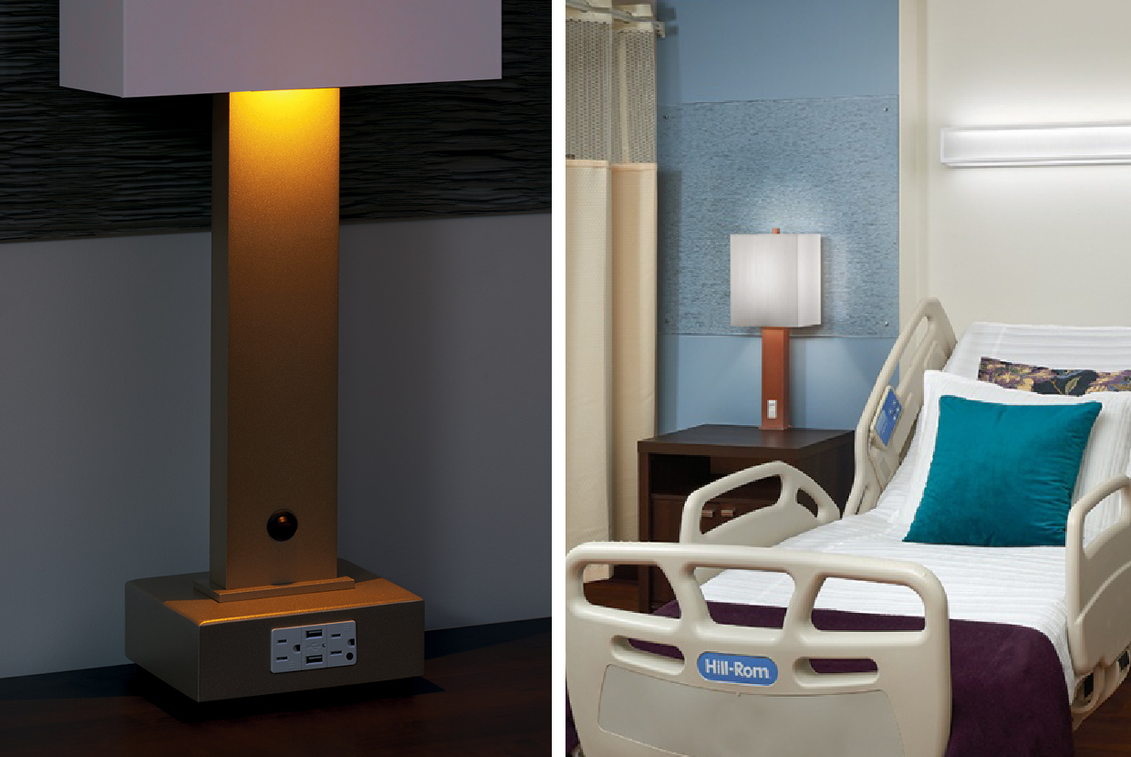 Hospital room with table lamp next to bed