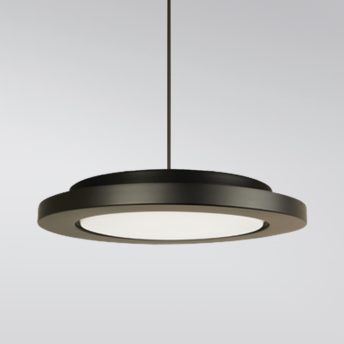 A circular pendant with a thick outer band, suspended by a stem