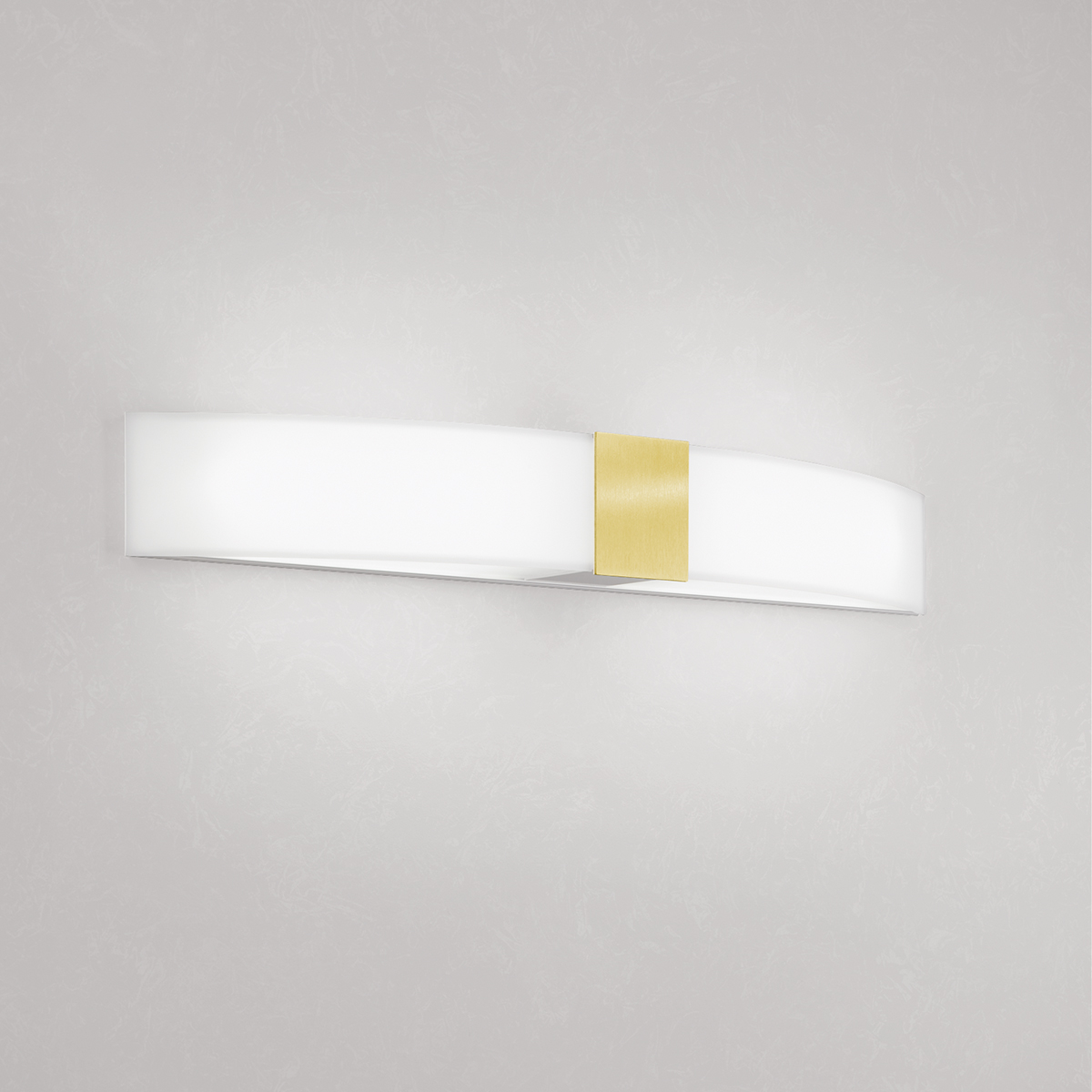 A long, curved wall sconce with a luminous body and a square accent in the middle