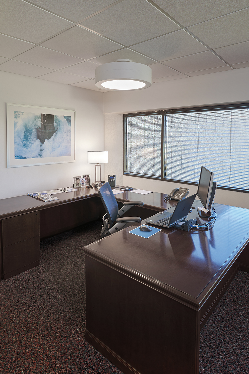 Omnience office lighting fixtures above a desk in a modern private office design.