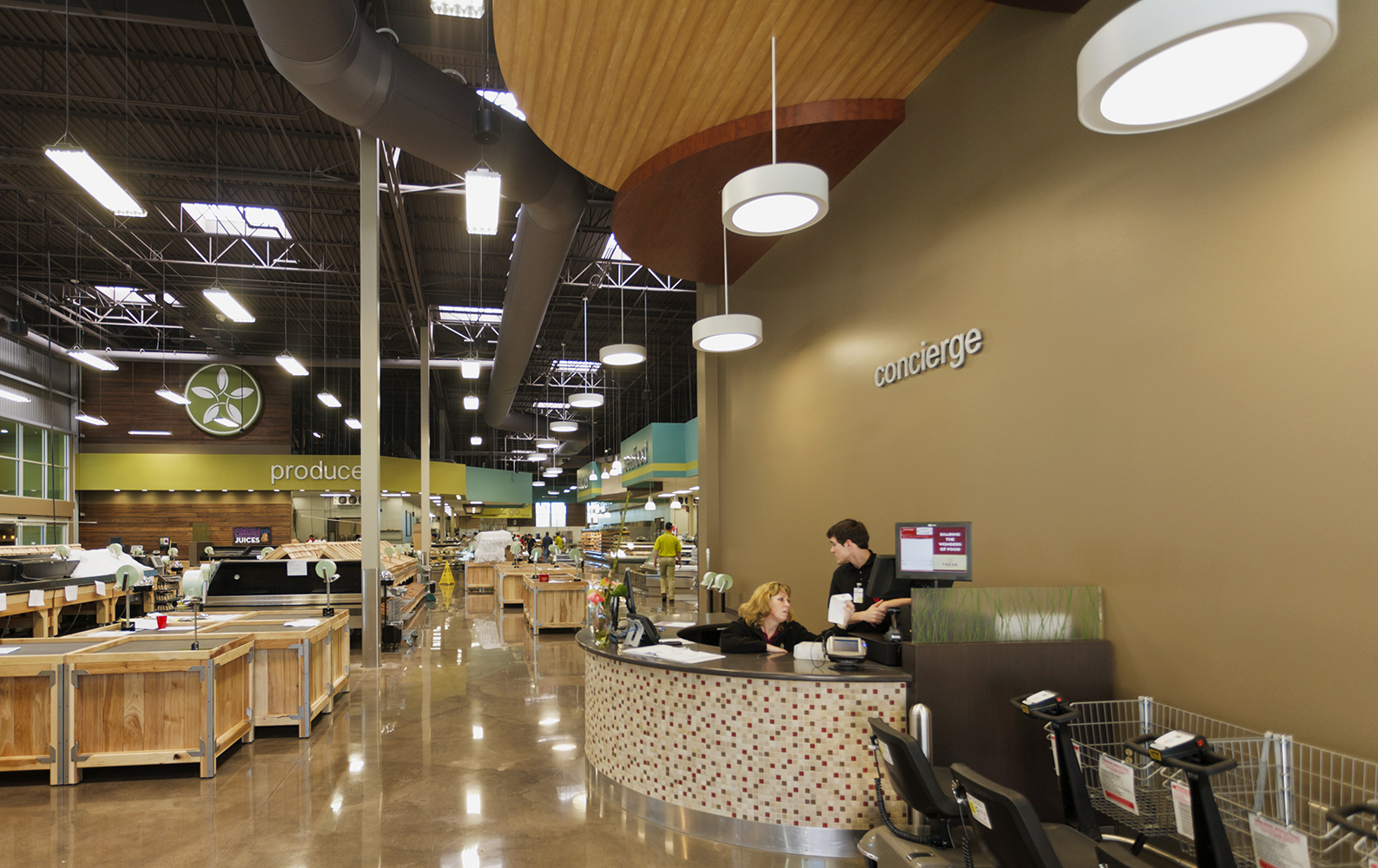 Omnience fixtures are good for retail lighting designs, seen here above a checkout area in a modern grocery store.